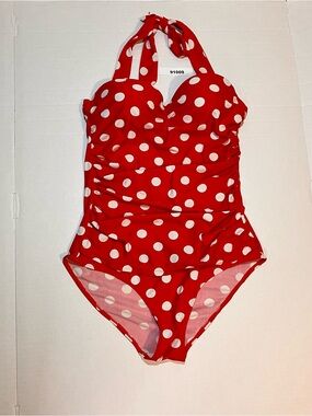 COCOSHIP Red and White Polka Dot One-Piece Swimsuit